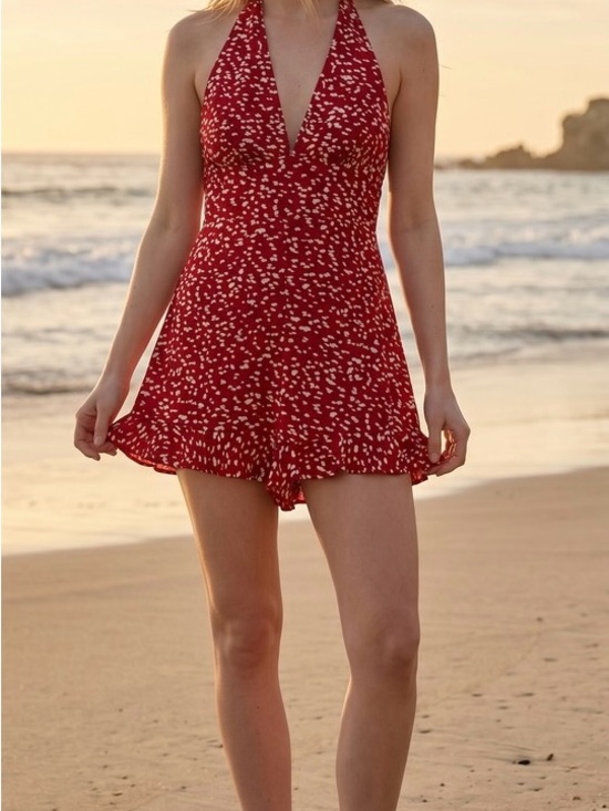SHEIN Pants - SHEIN Red Halter V-Neck Printed Romper ties around the neck